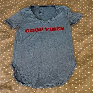 Well Worn Blue and White Striped Tee with Red 'Good Vibes'